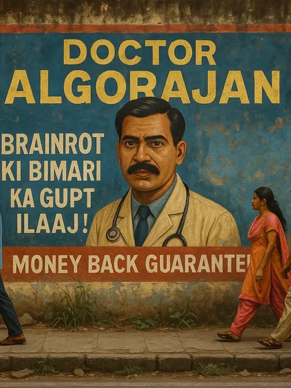 A wall-painted ad for 'Doctor Algorajan', who offers a 'gupt ilaaj' (secret cure) for 'Brainrot ki bimari' (the disease of brainrot). This is a satirical take on local quack doctor ads, updated for the digital age.