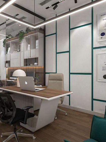 A render of a principal architect's cabin, combining modern aesthetics with functional design. The space features geometric wall paneling, contemporary lighting, and glass partitions to maintain a sense of openness.