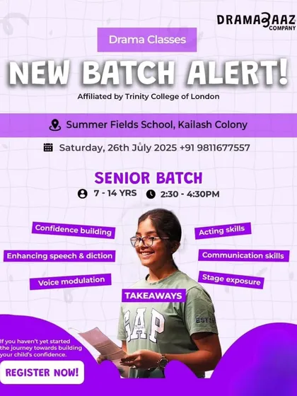 Watch your child's confidence soar with our partner drama classes! Affiliated with Trinity College of London, these workshops in Kailash Colony help kids aged 7-14 build acting skills, enhance speech, and gain stage exposure.
