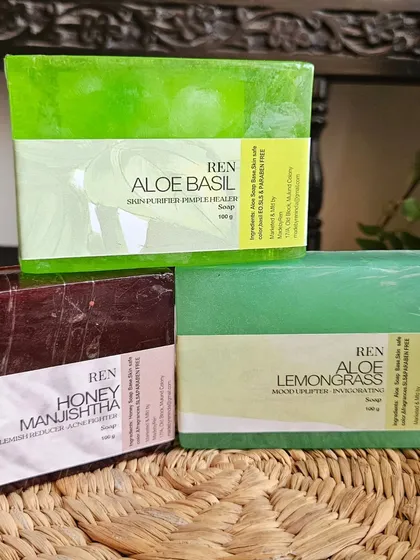 A collection of my summer soaps: Aloe Basil, Honey Manjishtha, and Aloe Lemongrass. Each one is designed to cool, cleanse, and clarify during the hot months.