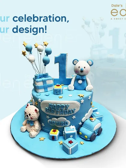A first birthday celebration designed just for the little one. This cake features an adorable teddy bear, balloons, and gift boxes, all handcrafted from fondant to create a sweet and memorable centerpiece.