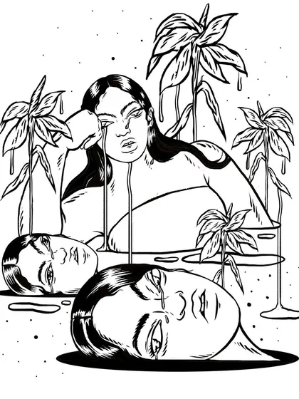 The ink drawing for the "Sadness/Melancholy" piece. Stripped of color, the focus shifts to the expressive lines and the composition of the figures, highlighting the raw emotion and fluidity of the scene.