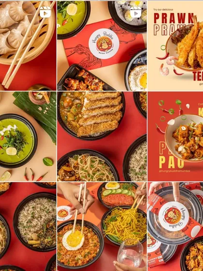 A vibrant and action packed grid we created for Hungry Buddha Mumbai. The red and orange color scheme, combined with dynamic food shots, perfectly captures the excitement of their Asian cuisine.