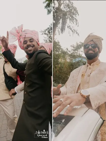 A collage of candid, high-energy black and white shots from the baraat, capturing the groom and guests dancing.