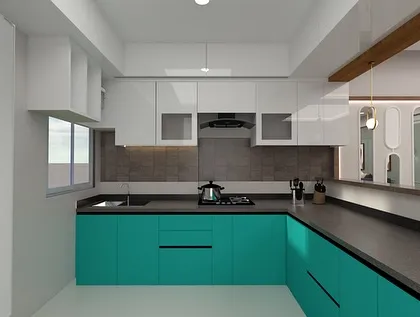 A kitchen concept featuring bold teal lower cabinets and white upper cabinets for a fresh, contemporary look.