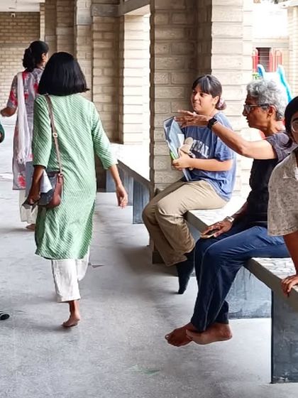 Our team in discussion with the contractors and clients at the Sai Kirupa school site. Our process is deeply collaborative, involving everyone from the client to the local craftspeople to ensure the building truly serves its users.