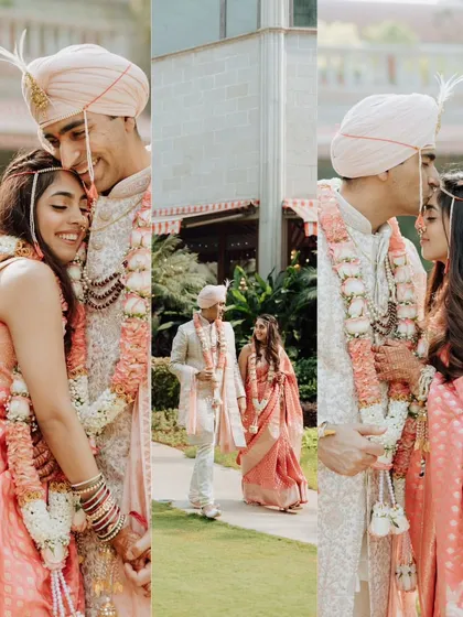 A collage of Tanvi and Dhrupad on their wedding day. The soft, pastel colors of their outfits and the warm natural light create a gentle and romantic set of portraits.