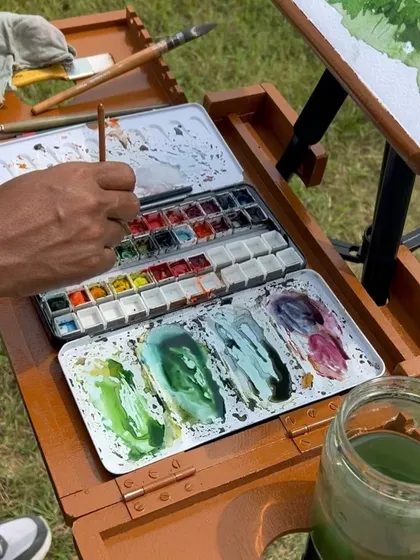 A close-up of my watercolor palette during my rural Bengaluru painting session. Look at all those beautiful greens.