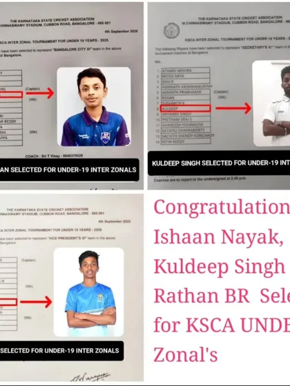 This is the result of dedication. We proudly congratulate our students Ishaan Nayak, Kuldeep Singh, and Rathan BR on their selection for the KSCA Under-19 Inter Zonal tournament.