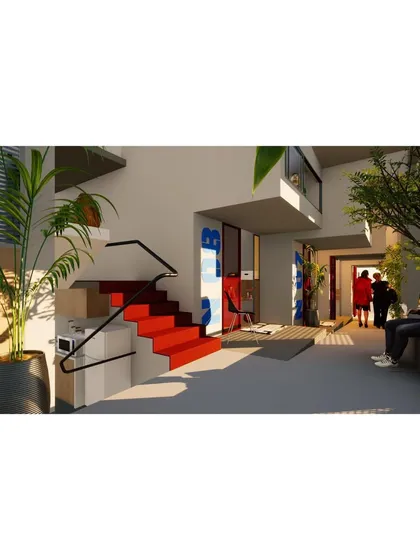 The entrance and common area of the "Coilspace" hostel are envisioned as a vibrant social hub, with colorful accents and informal seating areas encouraging interaction.