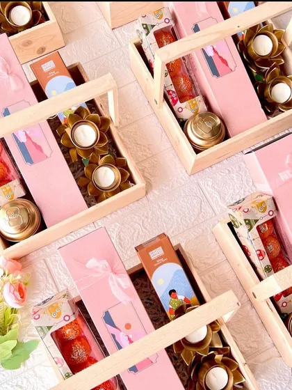 An overhead view of our Ganesh Chaturthi hampers, ready for the festive season.