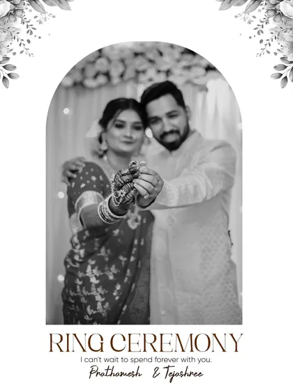 A black and white themed collage for a ring ceremony, elegantly capturing the couple showing their rings.