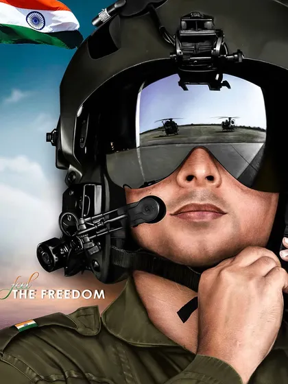 As a tribute to the Indian Army, I created this portrait of an aviator from the Indian Aviation Corps. The reflection in the helmet visor showing the helicopters on the tarmac was a detail I particularly focused on to honor our real-life heroes.