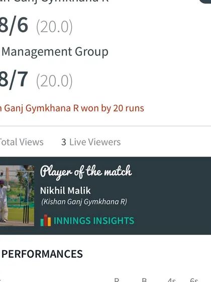 The match result showing our victory, powered by Nikhil Malik's 'Player of the Match' performance.