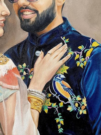 Another detail from the same painting, showing the delicate hand placement and the bird motif on the groom's jacket.