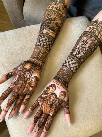 Your mehndi can include your whole family. Here, I created custom portraits of the bride with her loved ones, turning her henna into a cherished memory she can wear.