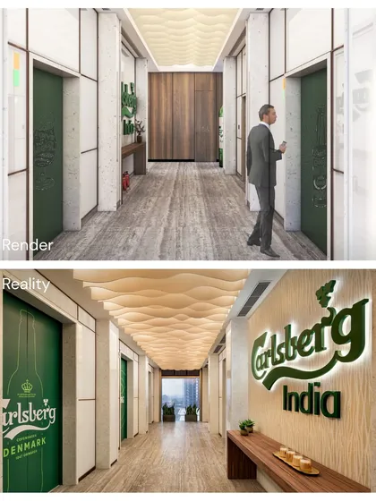 A before-and-after of the Carlsberg India office elevator lobby. The design transforms a simple corridor into a branded experience, complete with the iconic logo and a dynamic wave-patterned ceiling.