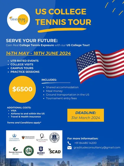 This is your chance to get real college tennis exposure. Our US College Tennis Tour is a curated experience where you will visit campuses, meet coaches, and compete in UTR rated events, giving you a tangible advantage in the recruitment process.
