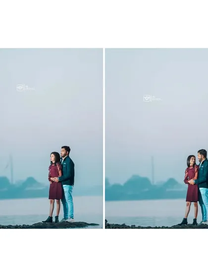 A minimalist diptych of the couple standing by the water. The wide, open space and misty background create a very serene and atmospheric portrait.