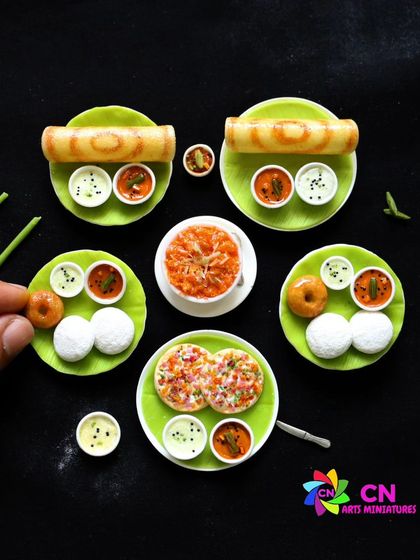 A beautiful arrangement of South Indian breakfast miniatures, perfect for showcasing the variety of my work.