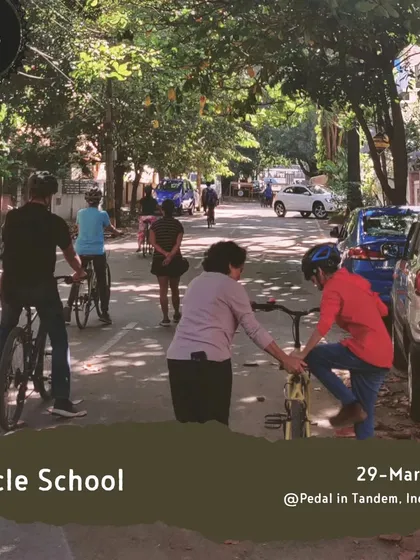 Our classroom is the quiet, tree-lined streets of Indiranagar. We specifically choose low traffic areas so you can learn without stress or worry. This shot shows a typical session in progress, with plenty of space for everyone to practice safely.
