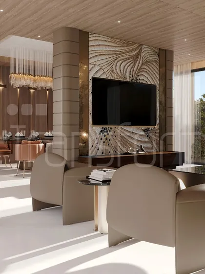 An open-concept living and dining area where sunlight floods the space. I used a consistent palette and materials to create a seamless flow, while the mosaic art wall behind the TV adds a unique, artistic focal point.