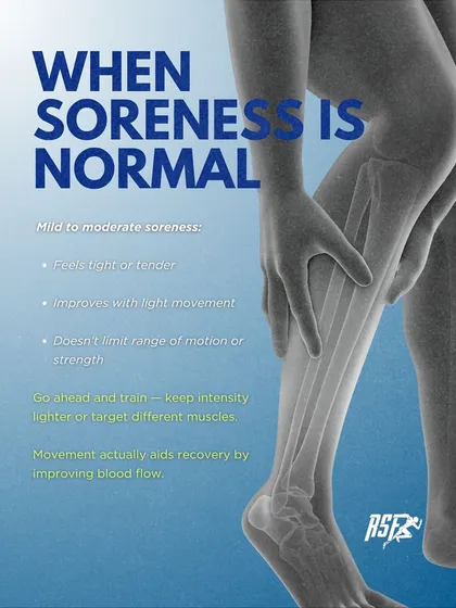 This is when soreness is normal. If it feels like mild tightness, improves with light movement, and doesn't limit your strength, it's a sign of adaptation. Movement actually aids recovery in this case by improving blood flow.