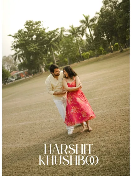 A joyful, walking shot of a couple in a park, their names elegantly displayed, perfect for a save-the-date.