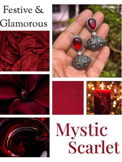 This is the mood board that inspired my "Mystic Scarlet" earrings. The design combines a bold red stone with an antique oxidised silver base for a festive and timeless look.