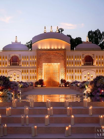 The steps leading to the 'Saanjh Niwas' facade, lined with candles at dusk. Every detail was designed to be inclusive and purposeful, creating a warm welcome for guests.