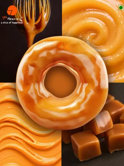 A collage celebrating the smooth, golden indulgence of caramel. The centerpiece is a perfectly glazed caramel donut.