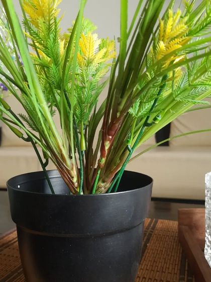 A basic black plastic pot with a lush yellow artificial plant. This shows that even simple planters can look great with the right plant choice.