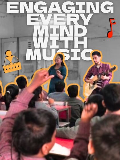 "Engaging Every Mind With Music." This image captures a moment of collective participation, with students raising their hands to answer a question or join in a song.