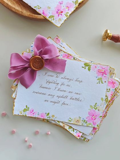 "I vow to always keep fighting for us." Each vow is a universe of emotion, and I craft every letter to reflect that depth. This piece is part of a set made on deckled edge cotton paper.