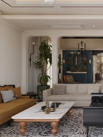 This angle highlights the layered textures and colors within the living space. A mustard yellow sofa provides a warm contrast to the neutral tones, while a large marble coffee table anchors the room, all framed by elegant architectural archways.