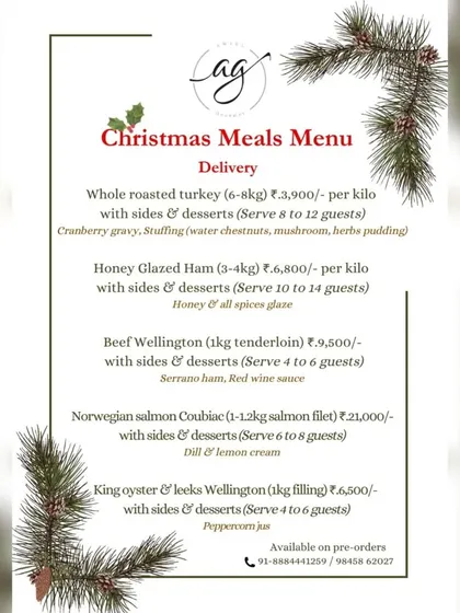 Another version of our Christmas Meals delivery menu, detailing options like Honey Glazed Ham and Norwegian Salmon Coulibiac, designed to serve groups of various sizes.