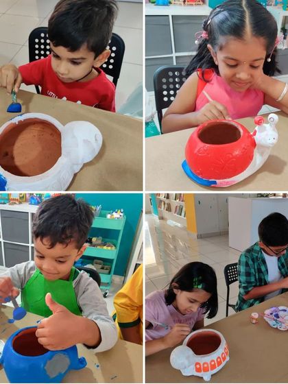 A collage showing different kids deeply engaged in painting their animal-shaped planters.