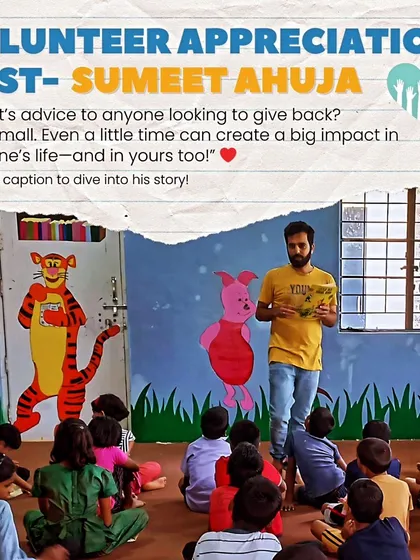 Meet Sumeet, a volunteer who uses storytelling to bring hope and joy to children in Pune. He shares that watching the kids' faces light up is priceless and that the experience has been personally transformative, teaching him patience and empathy.