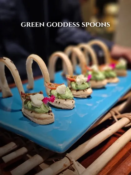 Our creative "Green Goddess Spoons," where the spoon itself is an edible, savoury cracker.