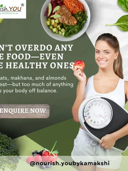 Even healthy foods should be eaten in moderation. This graphic reminds us that balance is key, and overdoing any one food, like oats or almonds, can throw your body off balance.