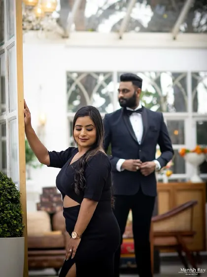 Another angle of the formal pre-wedding look, showcasing the flawless makeup and hair from a different perspective.