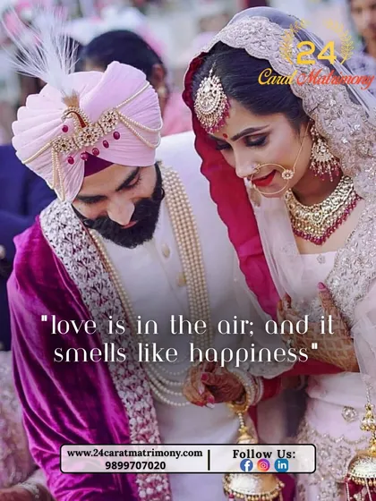 A beautiful Sikh couple during their Anand Karaj ceremony. Love is in the air, and it smells like the happiness of finding your true life partner.