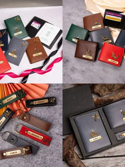 This 3-in-1 vegan leather combo includes a men's wallet, a passport cover, and a keychain. You can choose from seven different colors and customize all three items with a name and charm.
