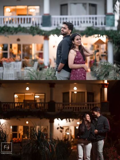 A day-to-night comparison at a beautiful resort. This shows how I can use the same location to create two completely different moods, from a bright daytime pose to a dramatic, intimately lit evening scene.