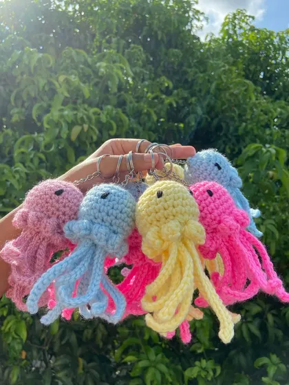 Showing off a handful of my popular jellyfish keychains. I offer them in pink, blue, and yellow, and can customize colors for your order.