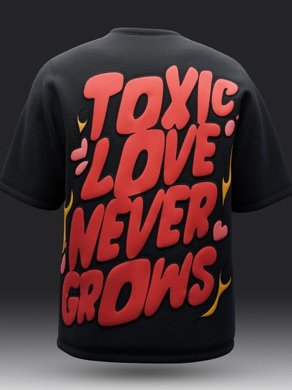 This render provides a clear, unobstructed view of the 'Toxic Love Never Grows' back graphic, showcasing the full design.