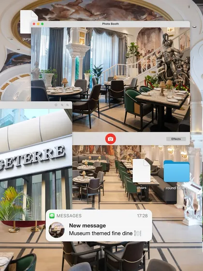 A collage showcasing our work for the celebrated museum-themed restaurant, Begeterre. We tailored every single piece of furniture to fit their unique story and grand vision.