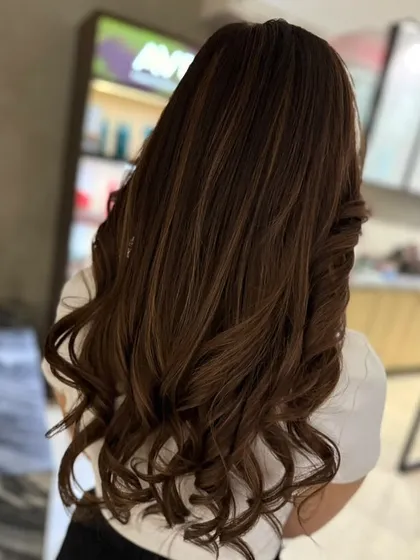 The back view of the mocha and auburn blend, showing off the long, healthy hair and the subtle warmth of the color.
