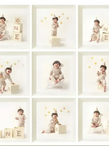 A collage showcasing the many moods and moments of a first birthday shoot. From playful to curious, every expression is a treasure.