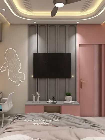 A repeat of the fun, space-themed kids' room (ID 64), showing the astronaut decal and the modern TV unit.